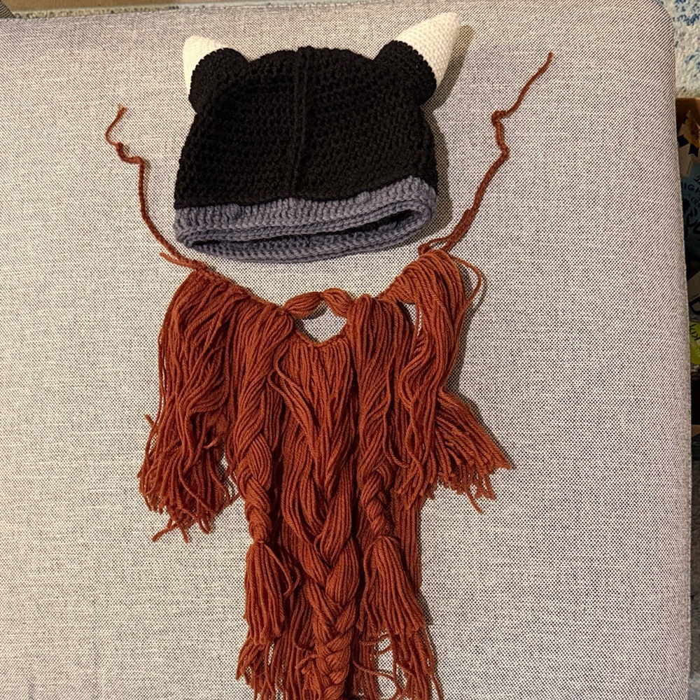 Knitted Viking Dwarf Hat and Beard Set - Black, Gray, Brown